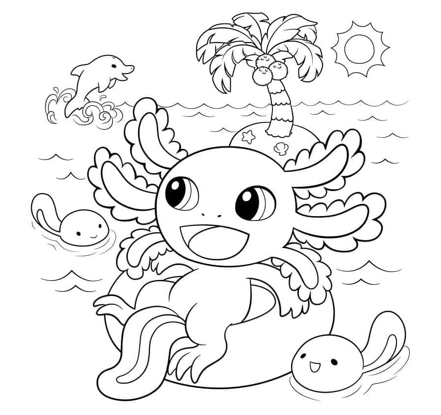 Axolotl Spreading Happiness in the Water Coloring Page