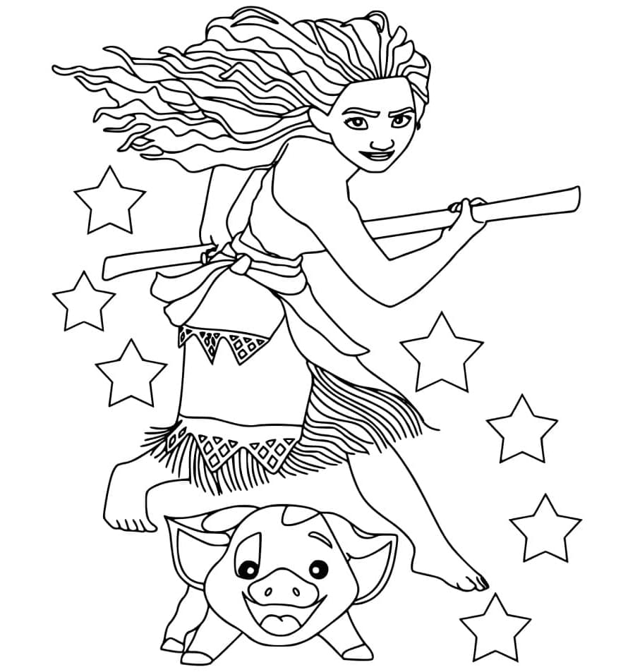 Free Printable Moana with Pua Coloring Page