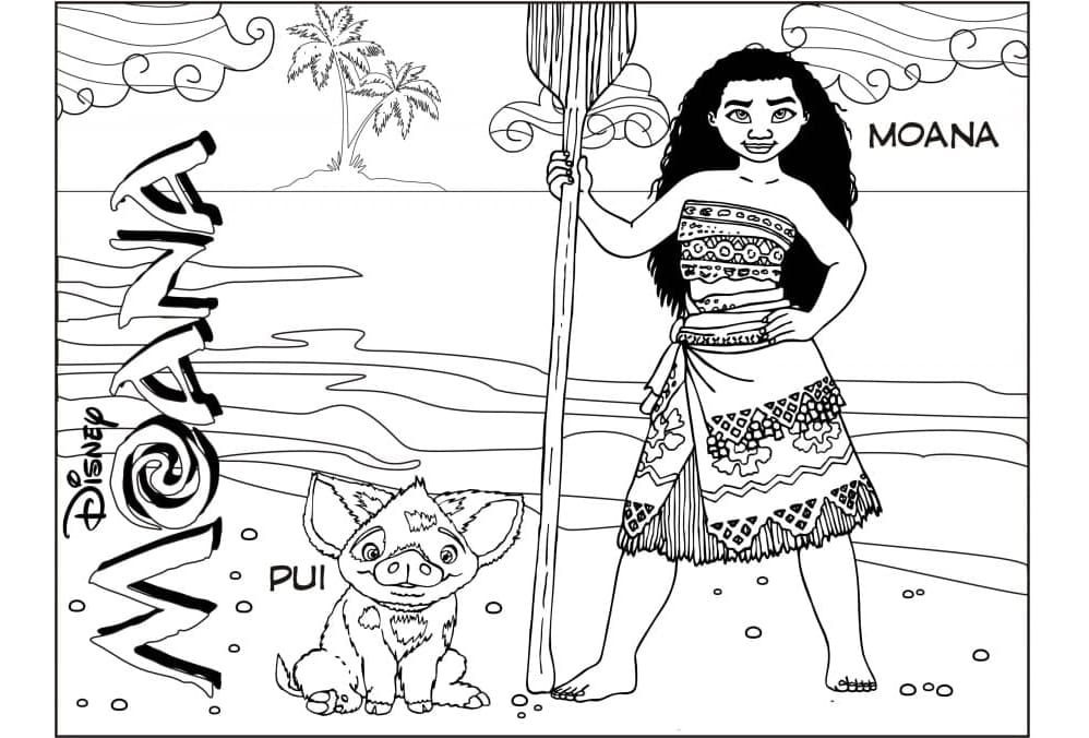 Free Printable Pua and Moana Coloring Page