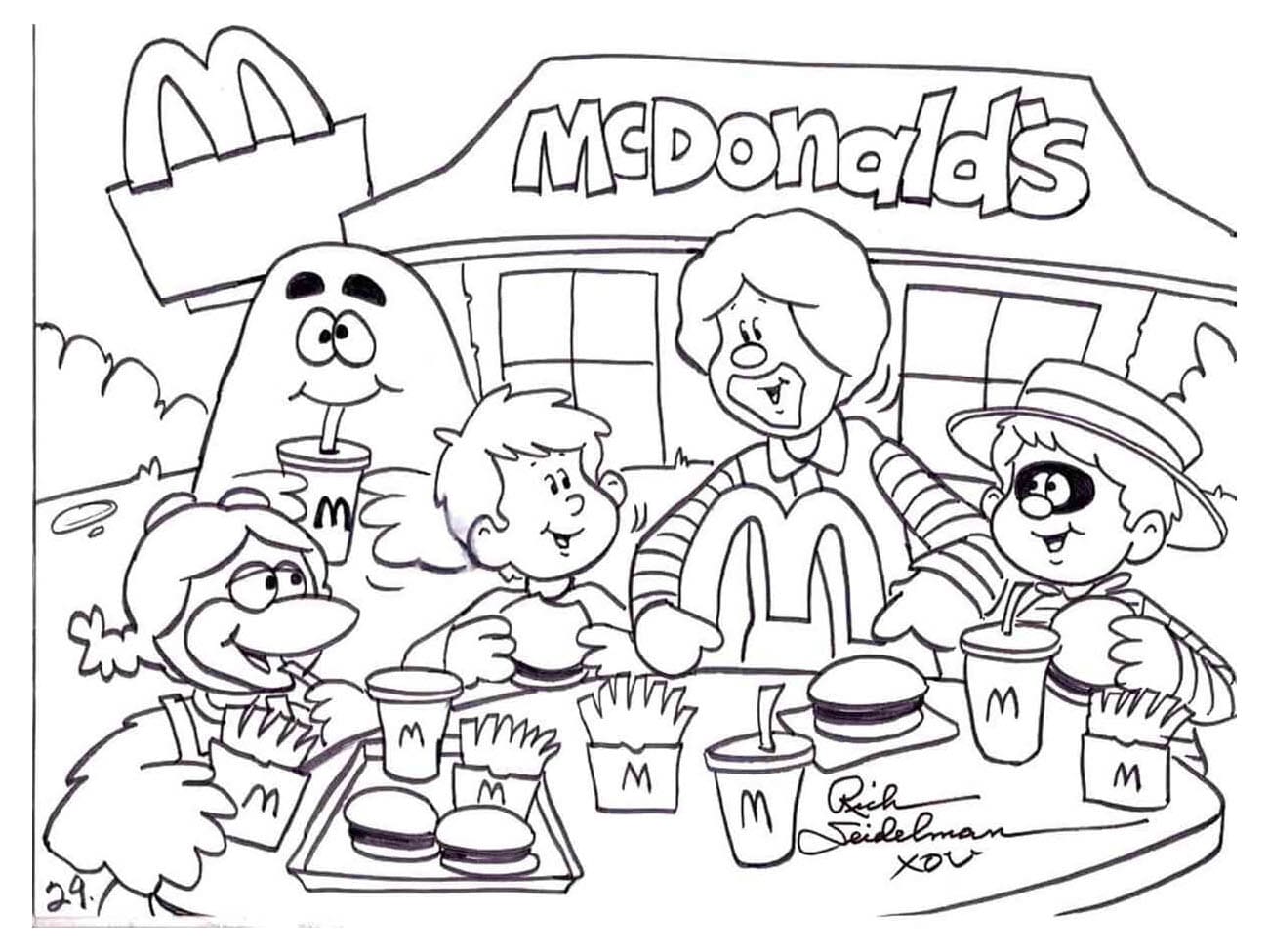 Grimace and his group are enjoying food at McDonald's Coloring Page