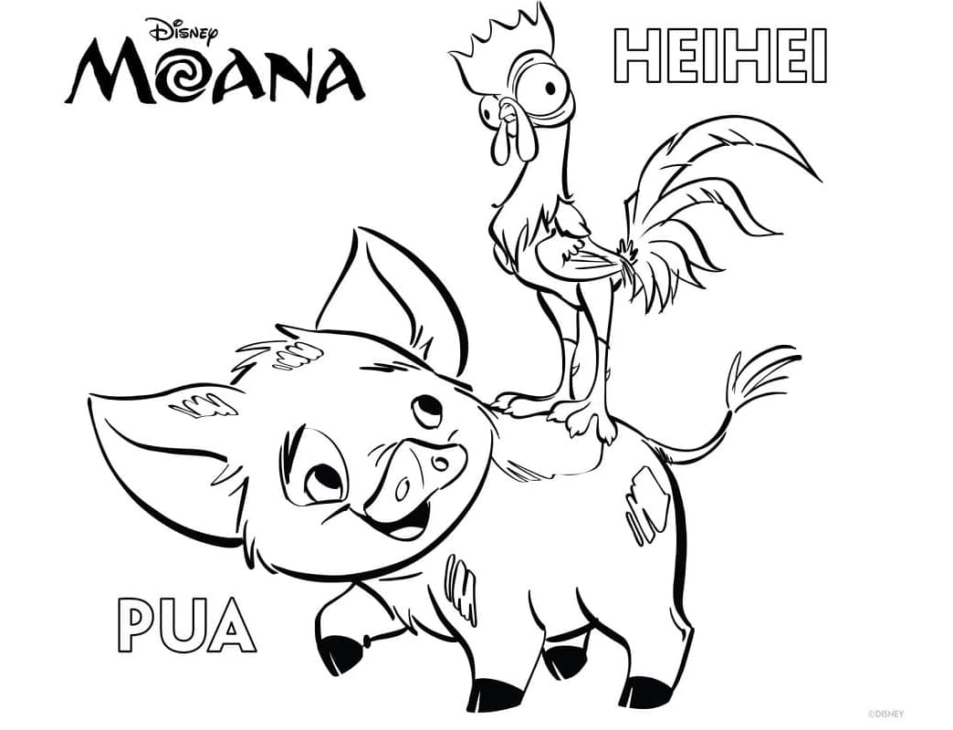 Hei Hei and Pua from Moana Free For Kids Coloring Page