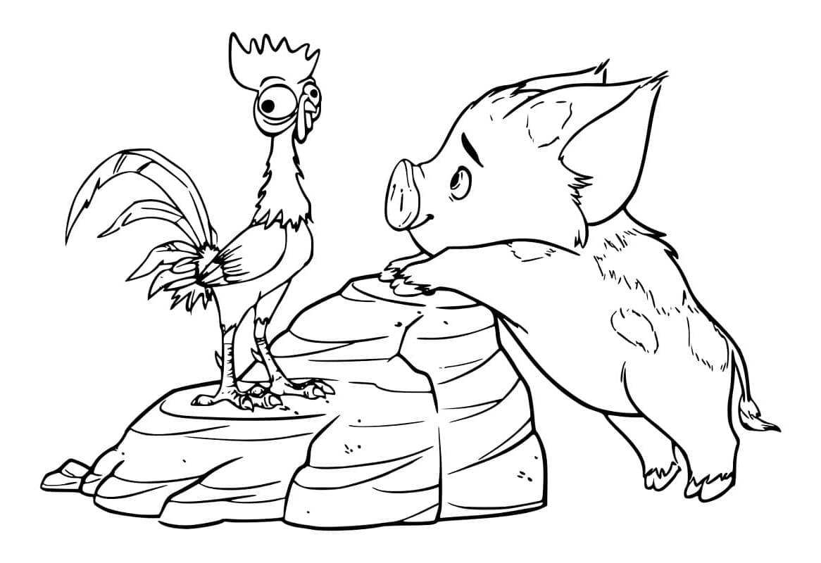 Pua and Hei Hei from Moana Free Coloring Page