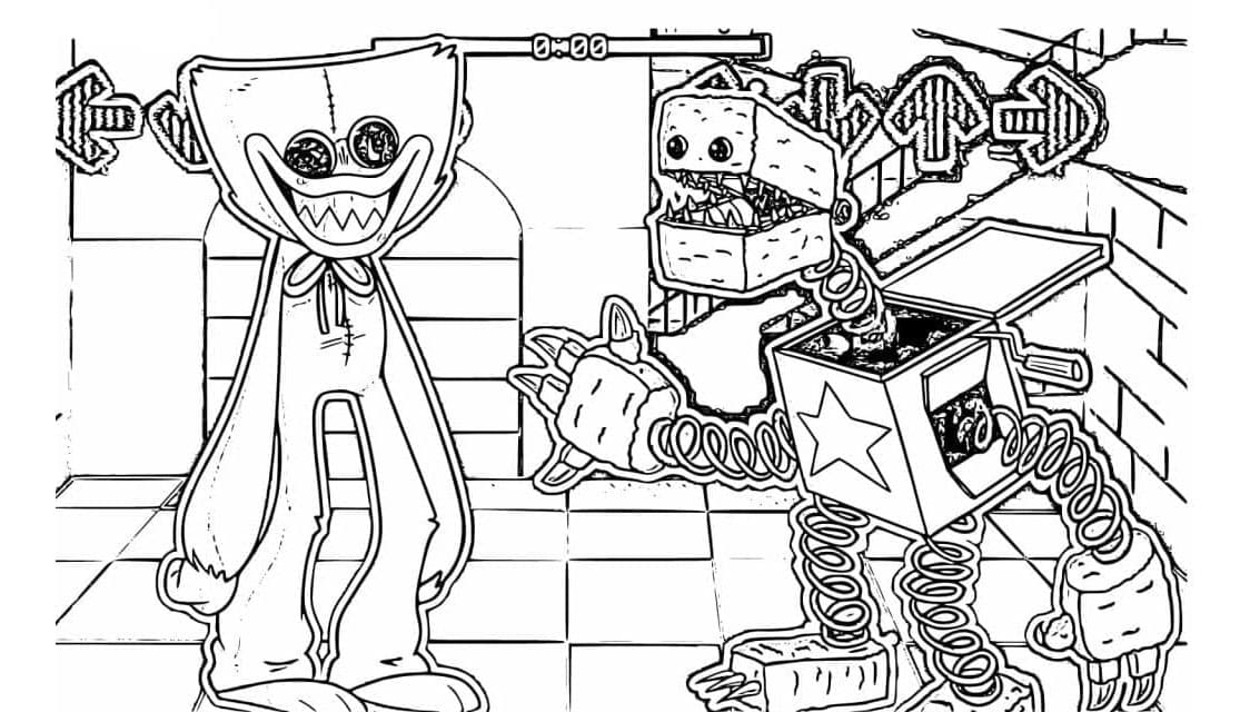 Showdown of Huggy Wuggy and Boxy Boo Coloring Page