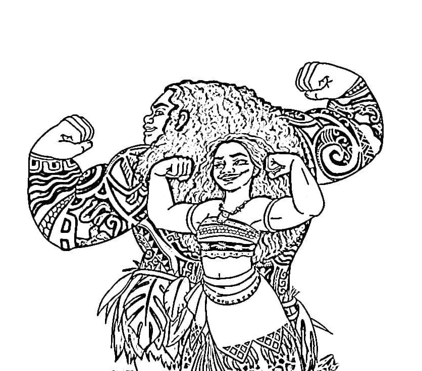 Strong Moana and Maui Free For Kids Coloring Page