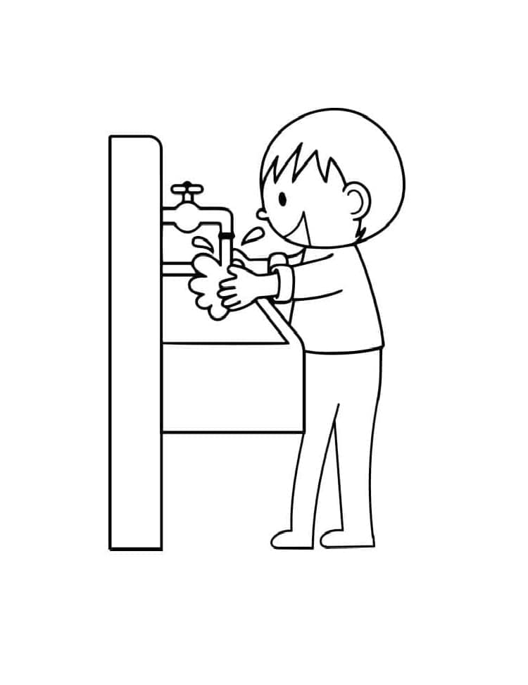 A Boy is Washing Hands Printable Coloring Page