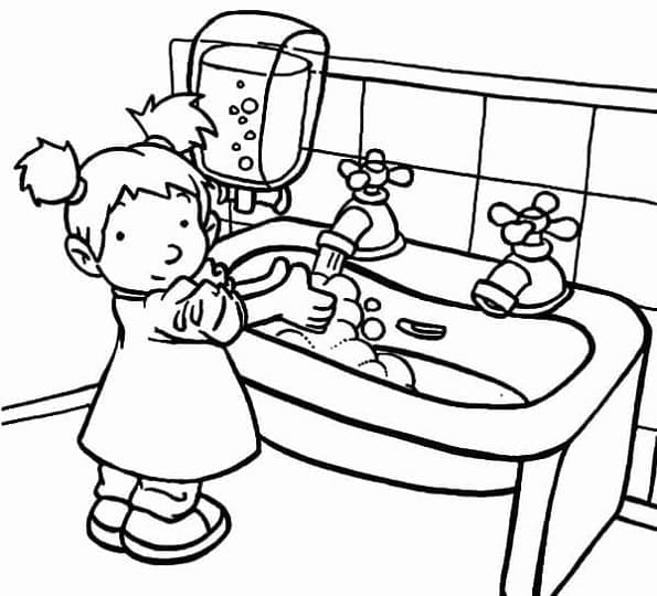 A Little Girl is Washing Hands Printable Coloring Page