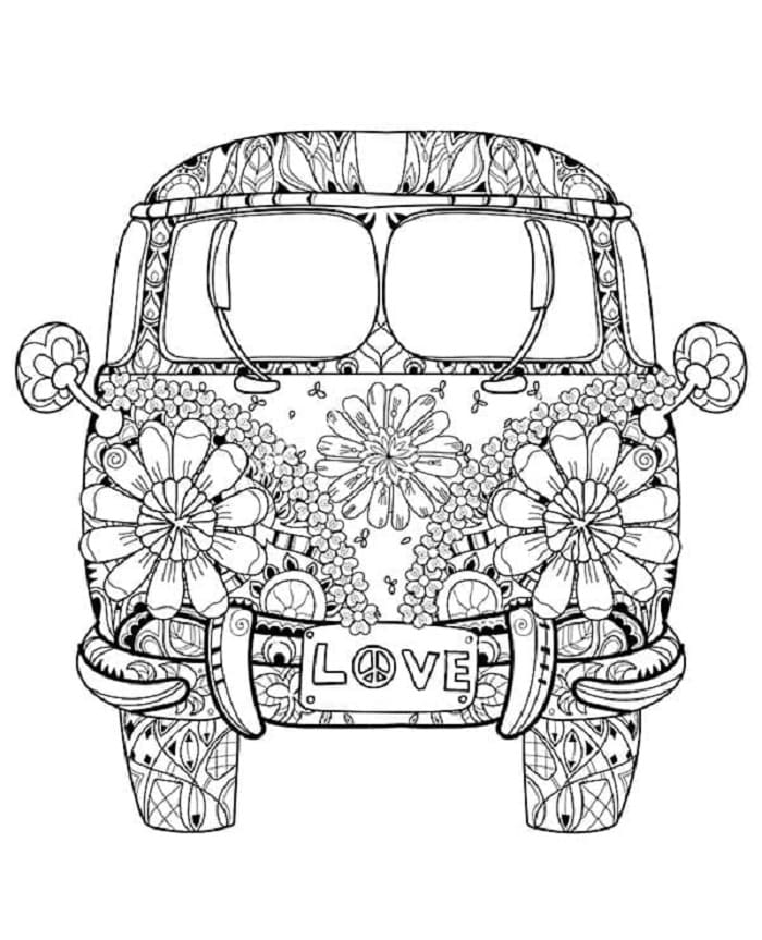 Amazing Hippie Van Printable Coloring Page