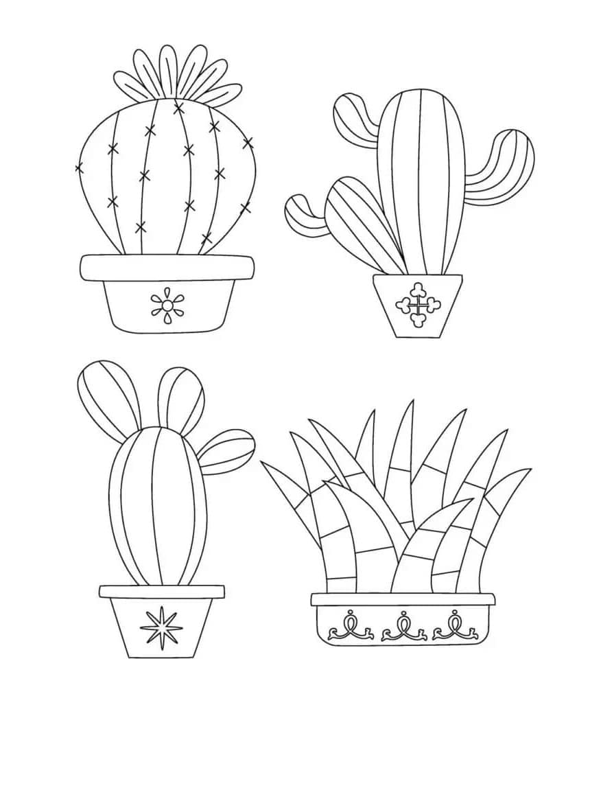 Basic Four Potted Cactus Printable Coloring Page