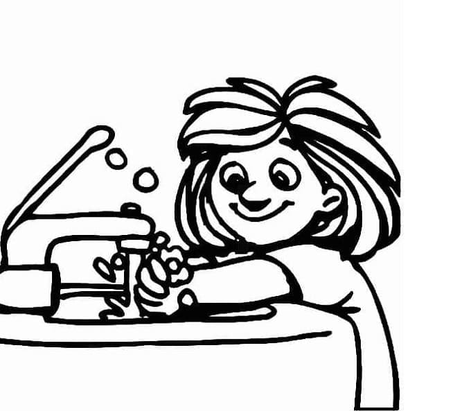 Cute Girl is Washing Hands Printable Coloring Page