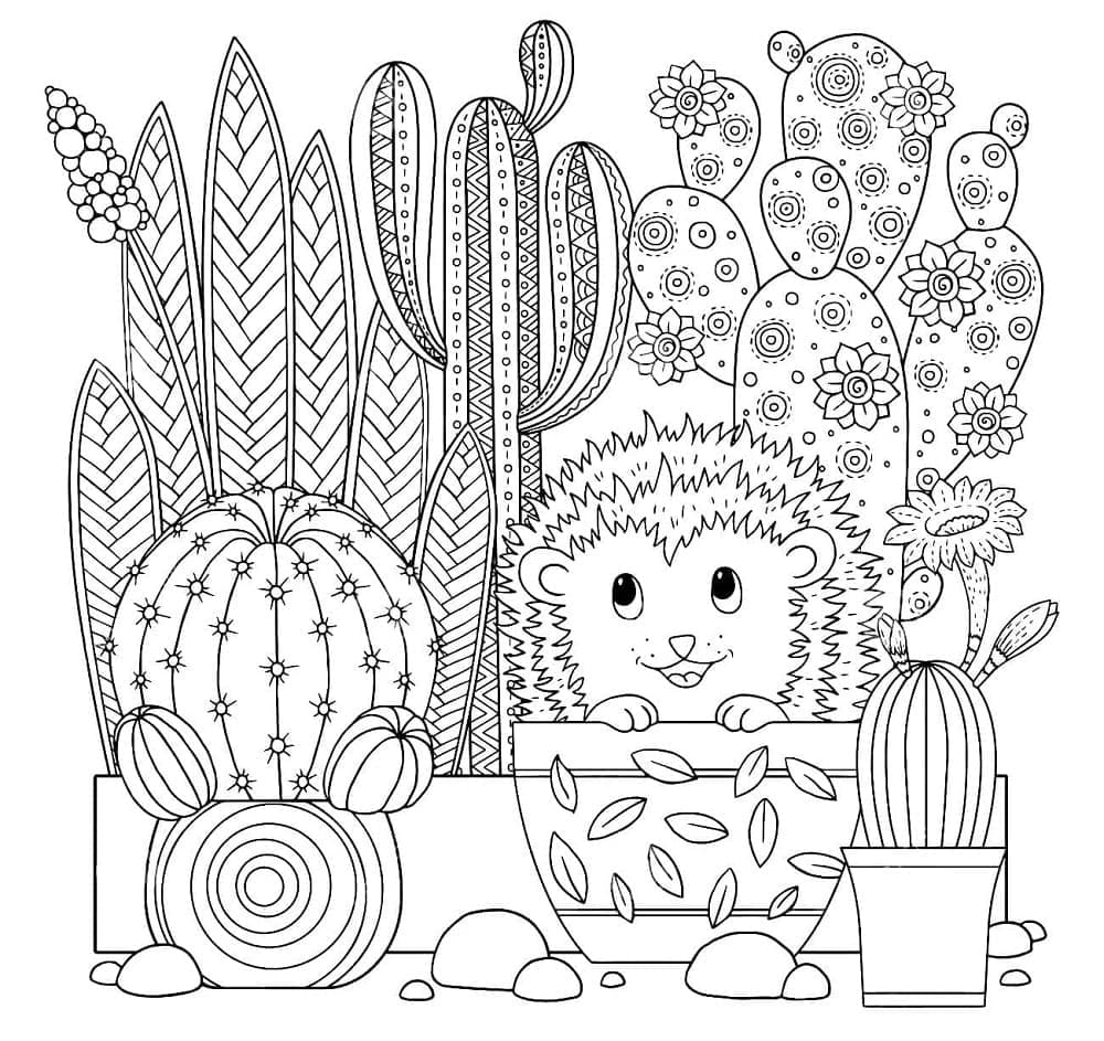 Cute Hedgehog and Cacti Printable Coloring Page