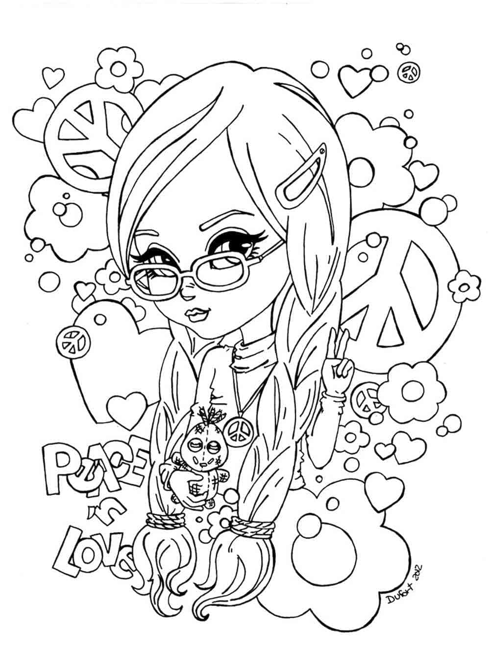 Cute Hippie Girl Printable Coloring Page