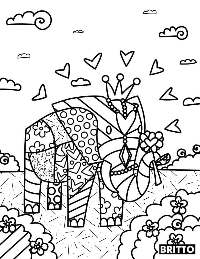 Elephant Wearing A Crown by Romero Britto Printable Coloring Page