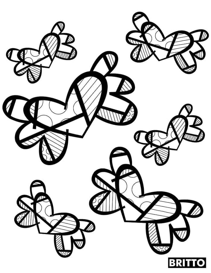 Flying Hearts by Romero Britto Printable Coloring Page