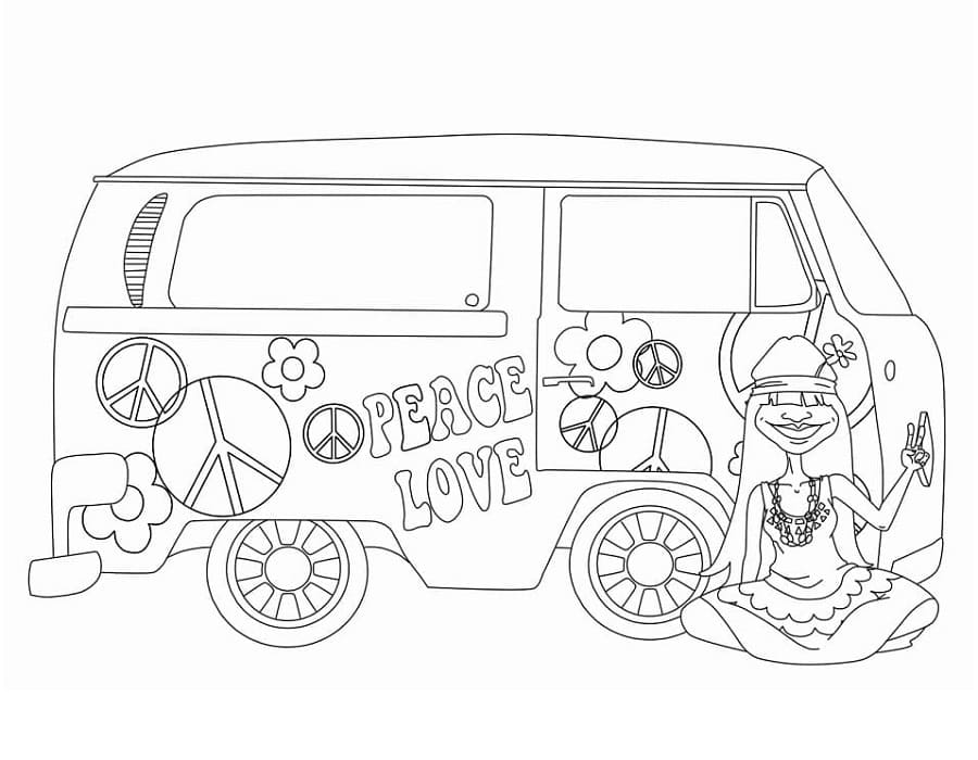 Hippie Van Printable Coloring Page