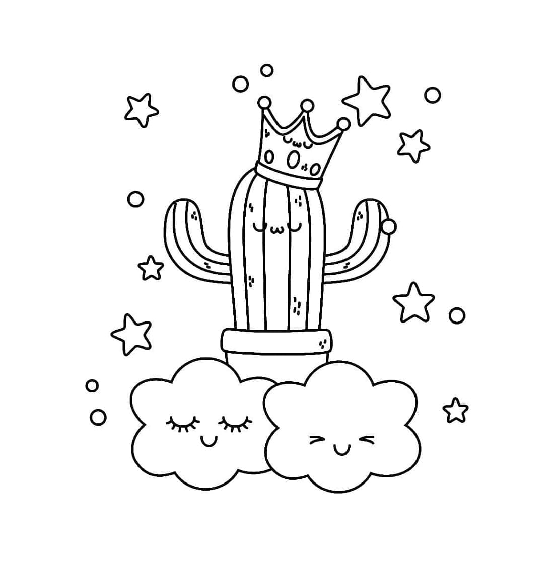 Kawaii Cactus and Clouds Printable Coloring Page