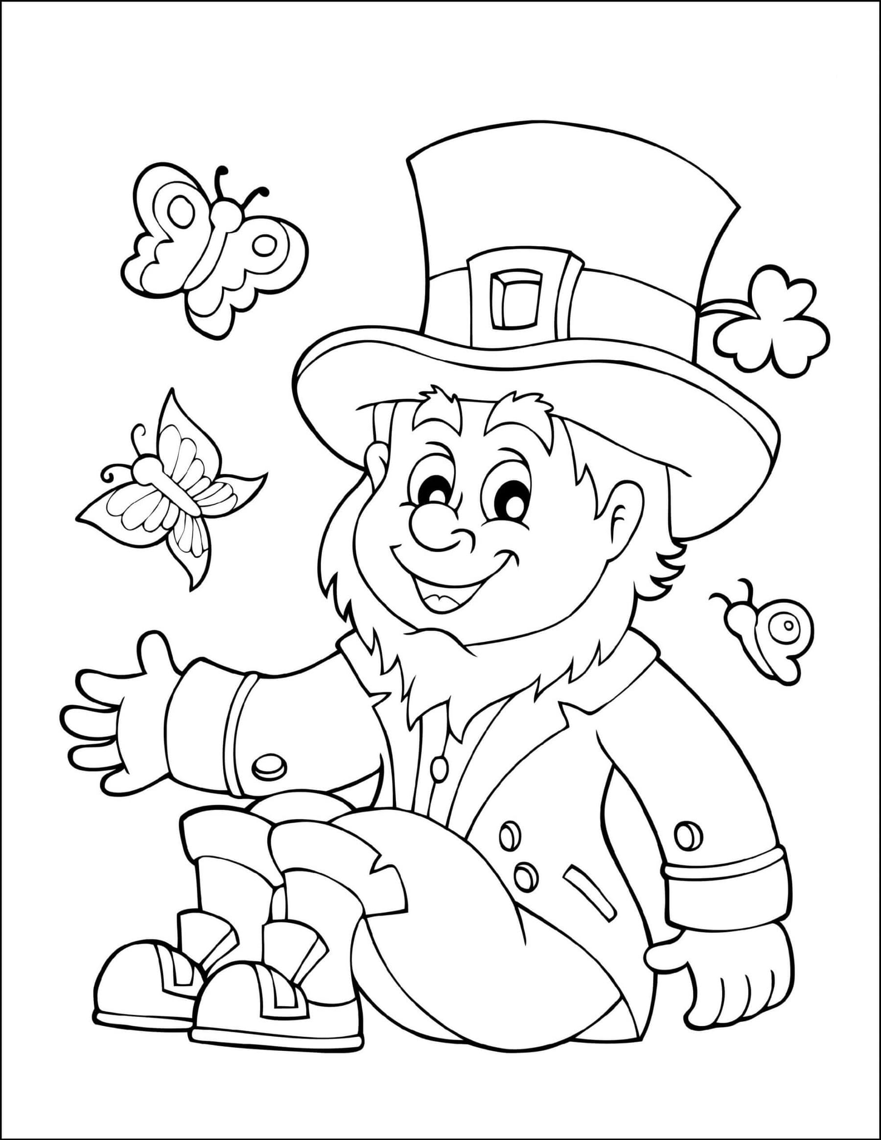 Lucky Man with Butterflies and Shamrock Printable Coloring Page