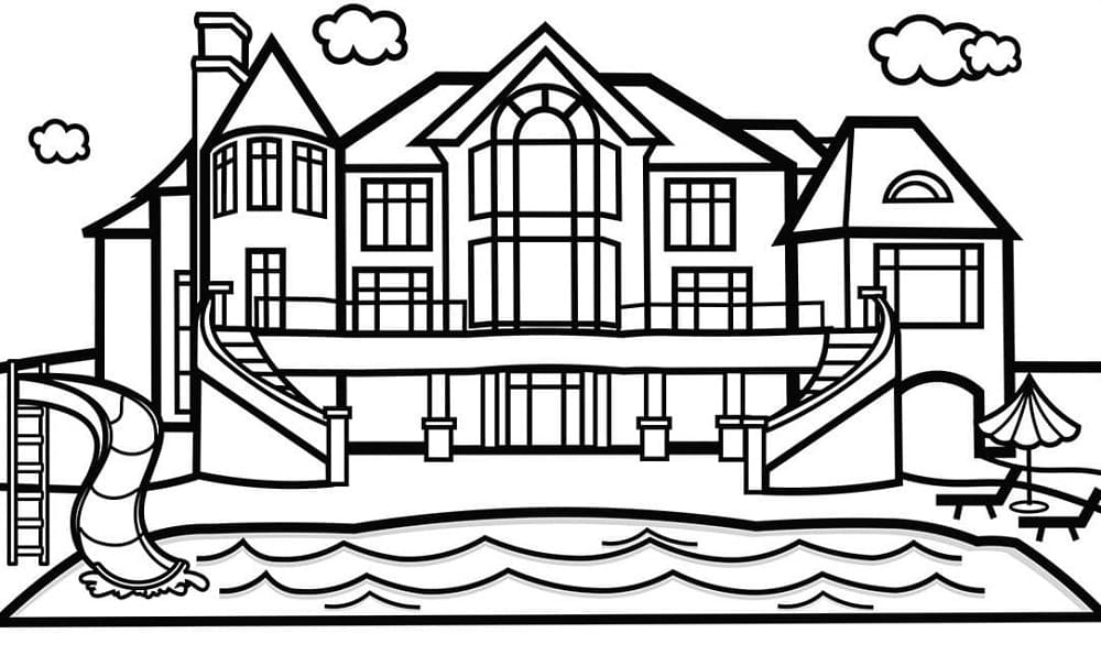 Mansion and a Pool Printable Coloring Page