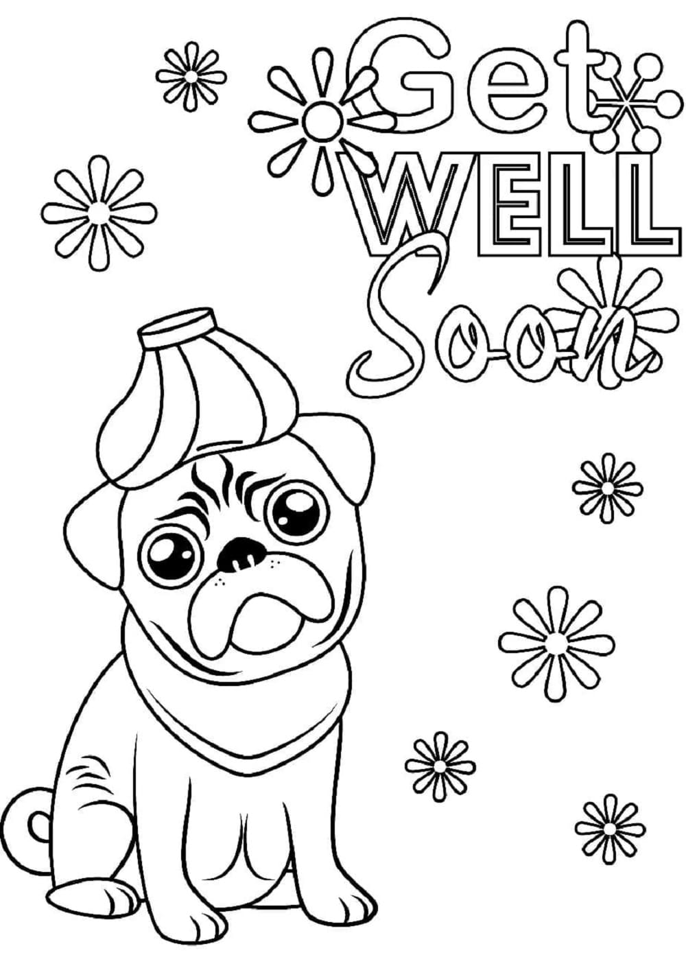 Print Get Well Soon Cute Pug Coloring Page