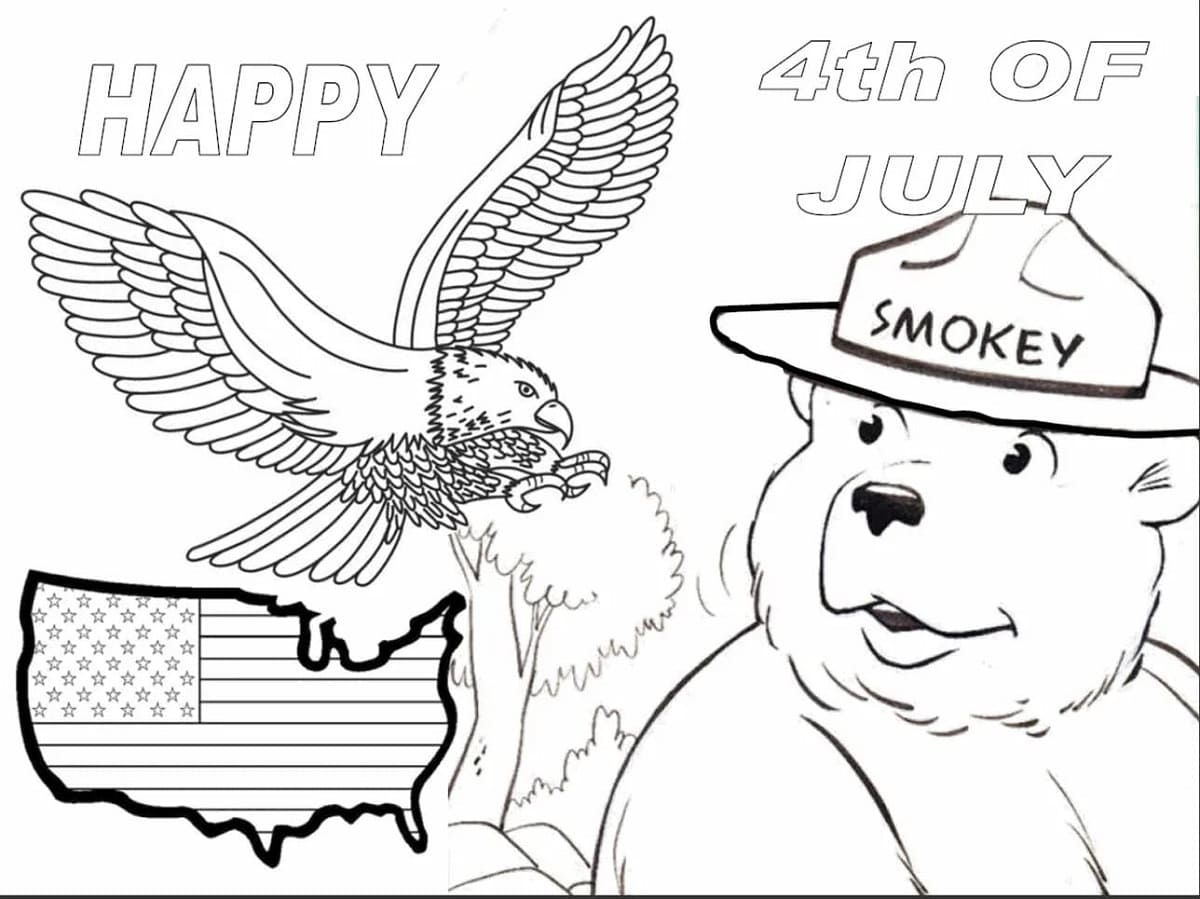 Print Happy 4th of July with Smokey Bear Coloring Page