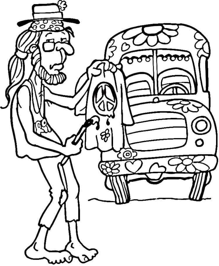 Print Hippie Man and Van Coloring Page