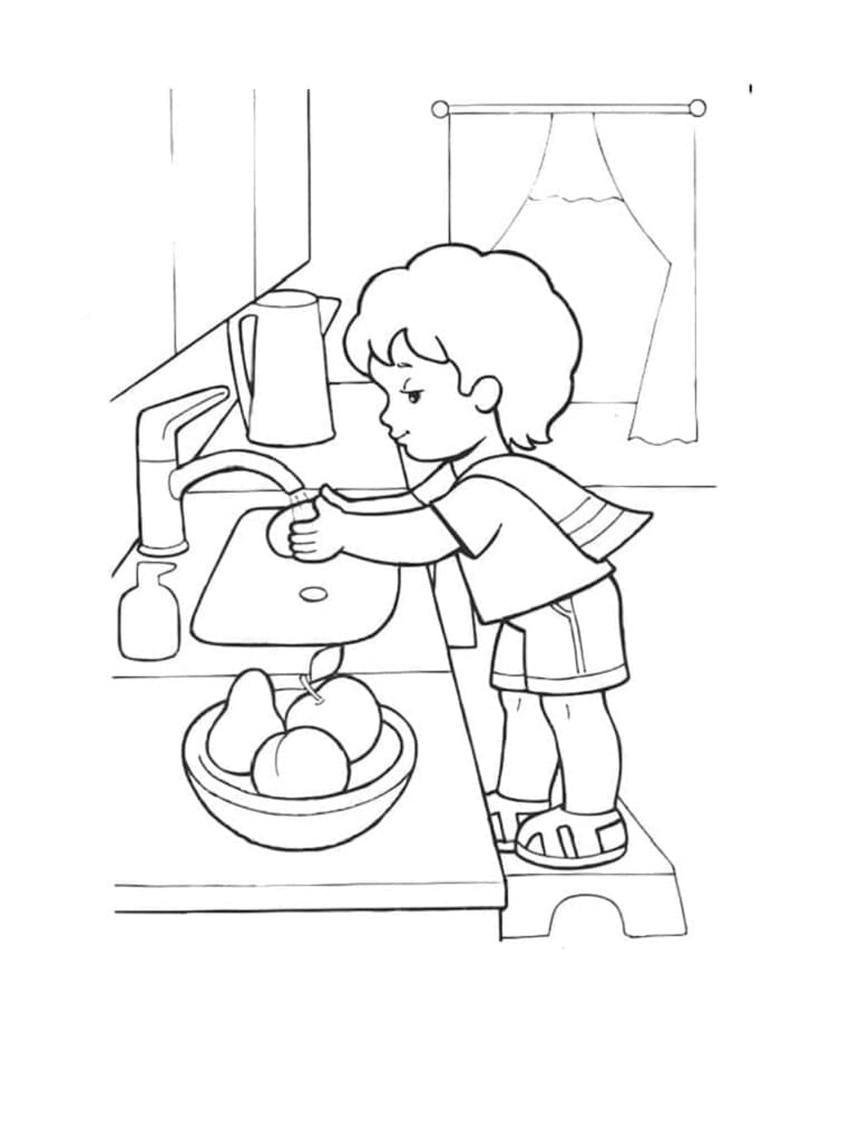 Print Kid is Washing Hands Coloring Page