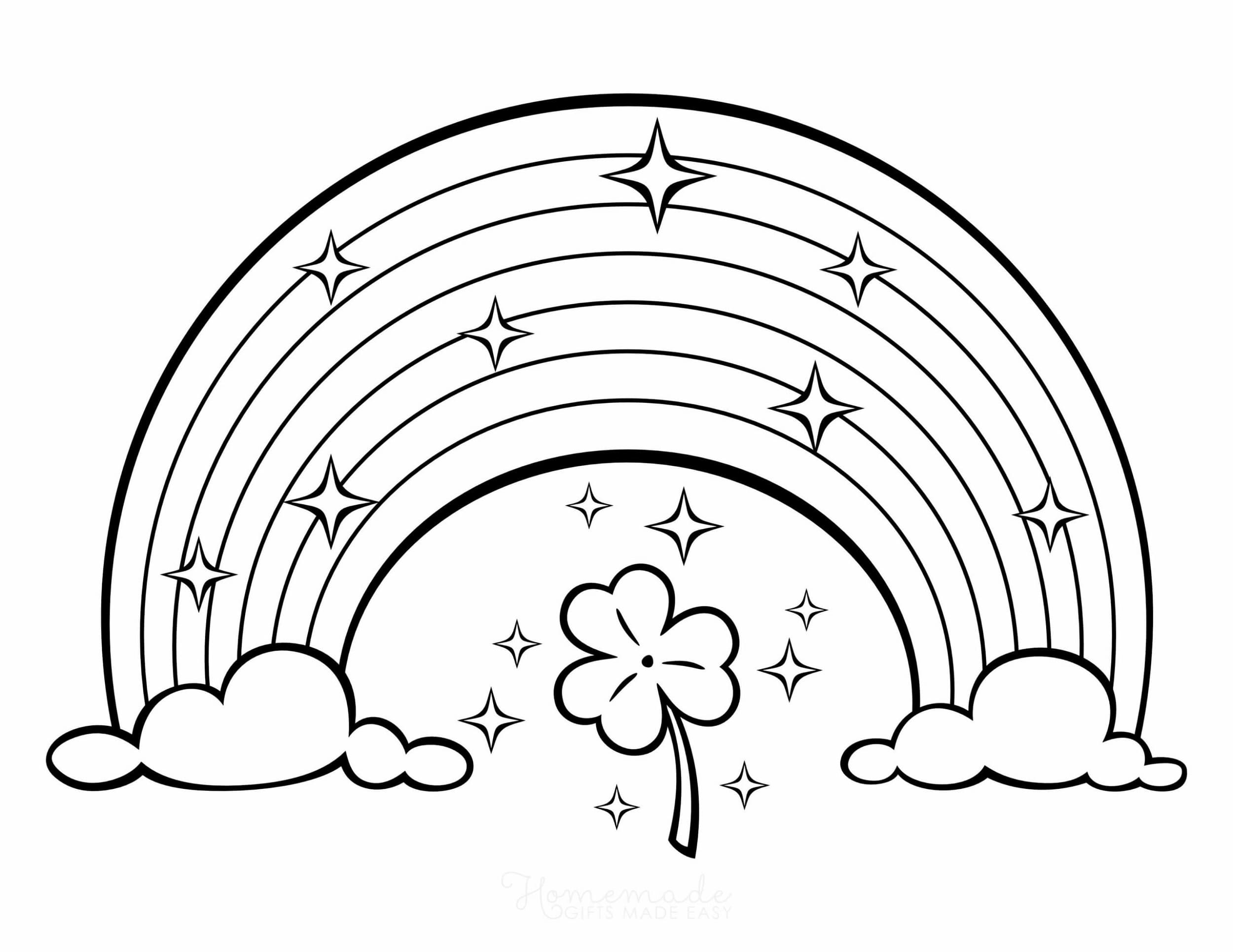 Print Shamrock with Rainbow and Clouds Coloring Page