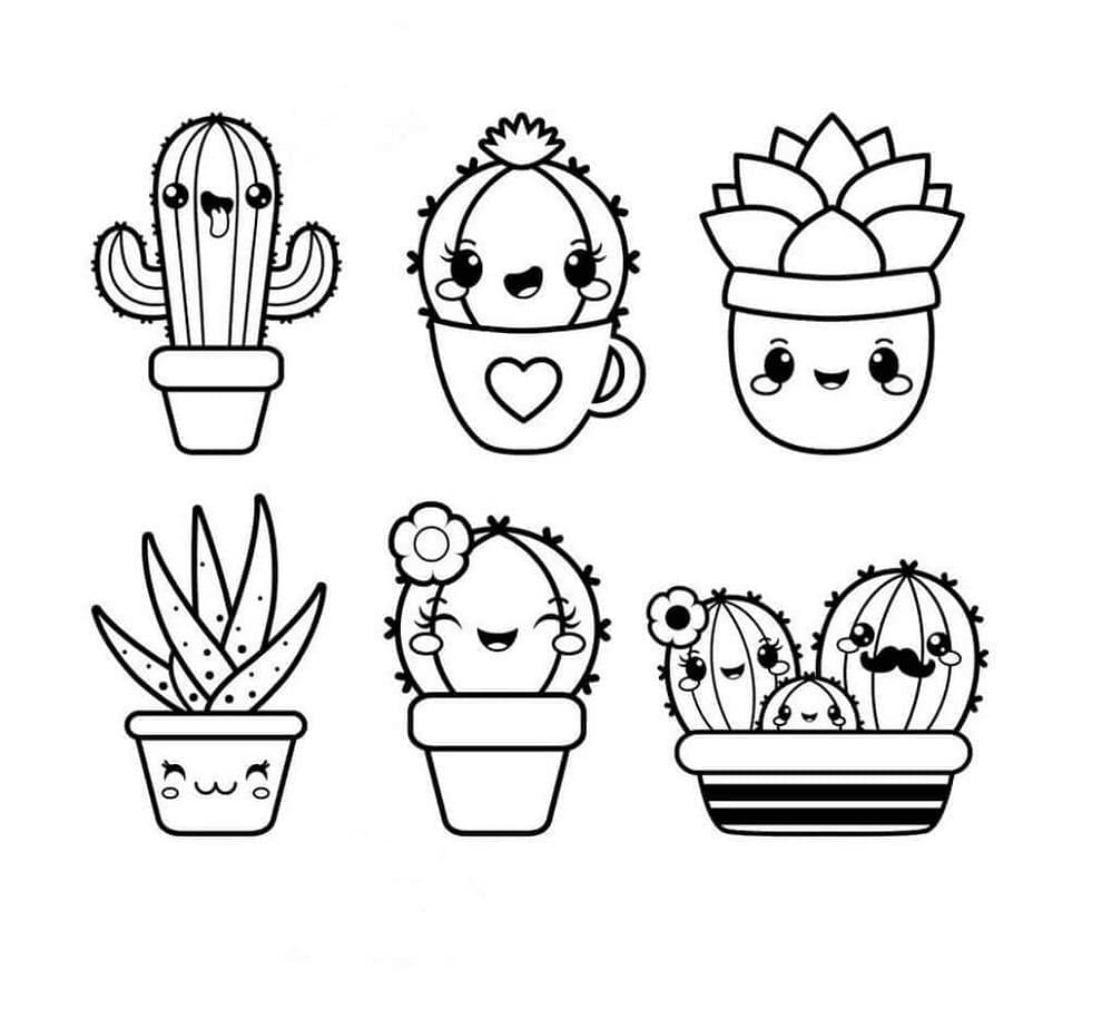 Print Six Cute Potted Cactus Coloring Page