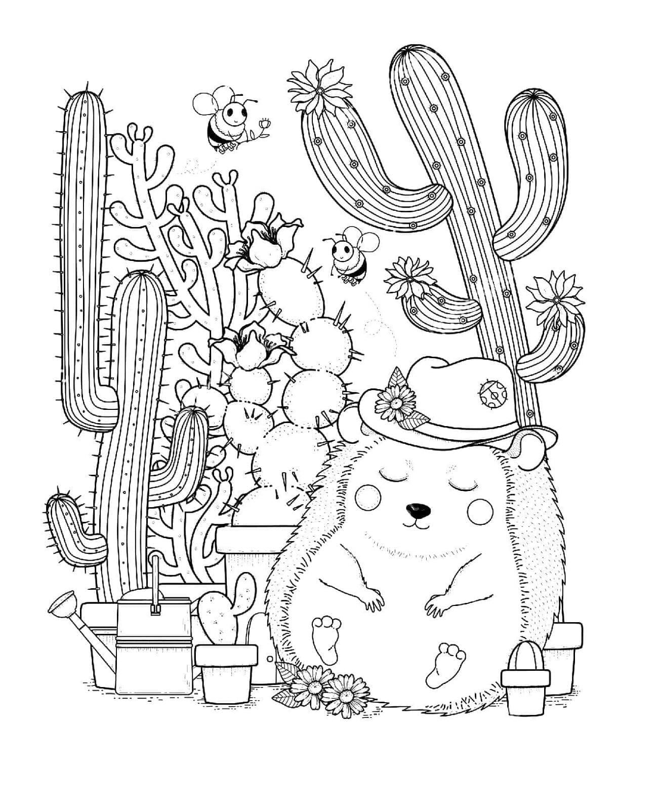 Print Sleeping Hedgehog and Cactus Coloring Page