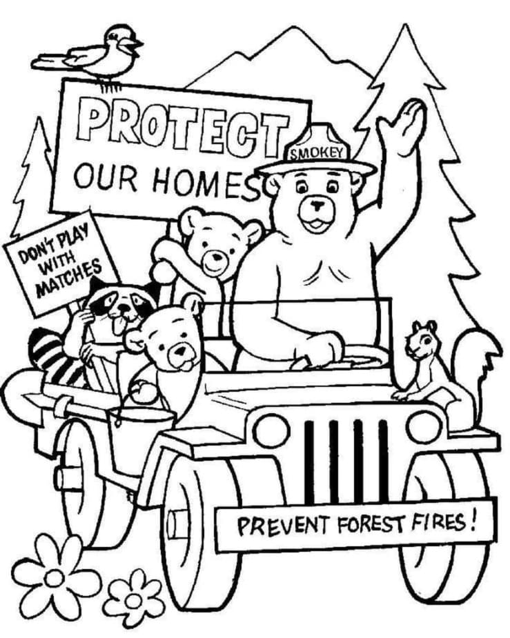 Print Smokey Bear and Animals Coloring Page