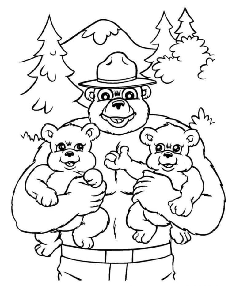 Print Smokey Bear and Bear Cubs Coloring Page