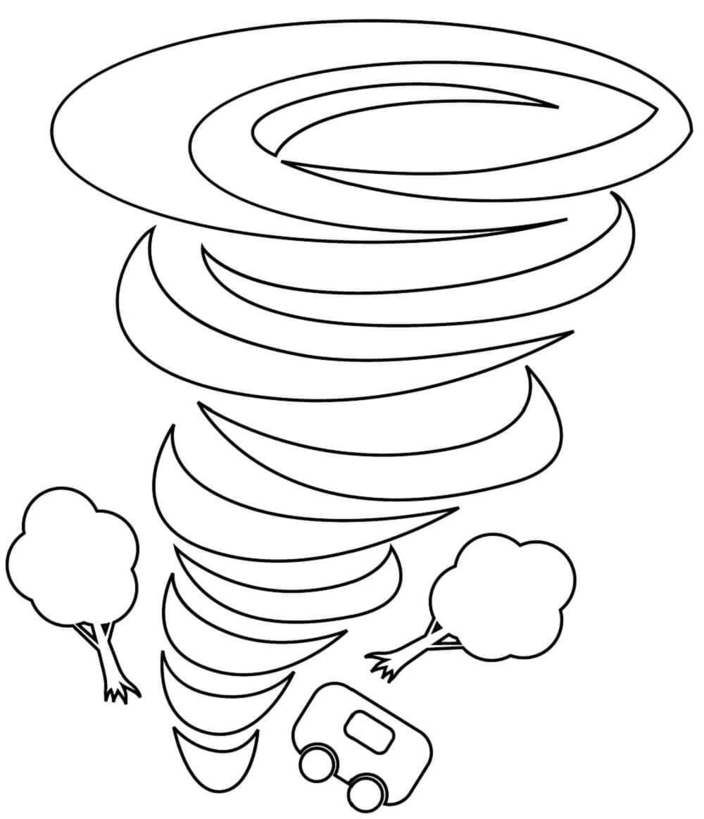 Print Tornado With Car and Trees Coloring Page