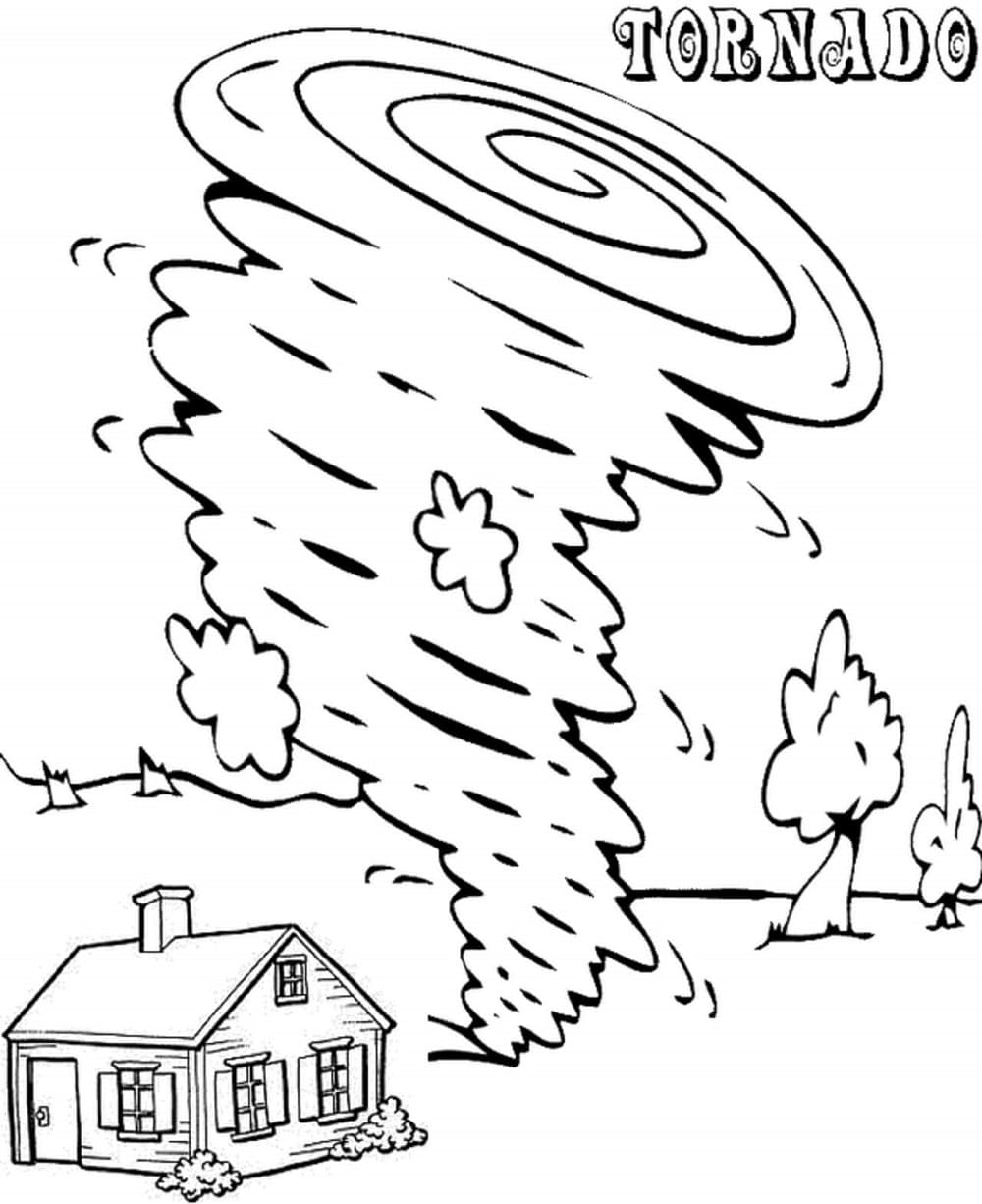 Print Tornado With House and Trees Coloring Page