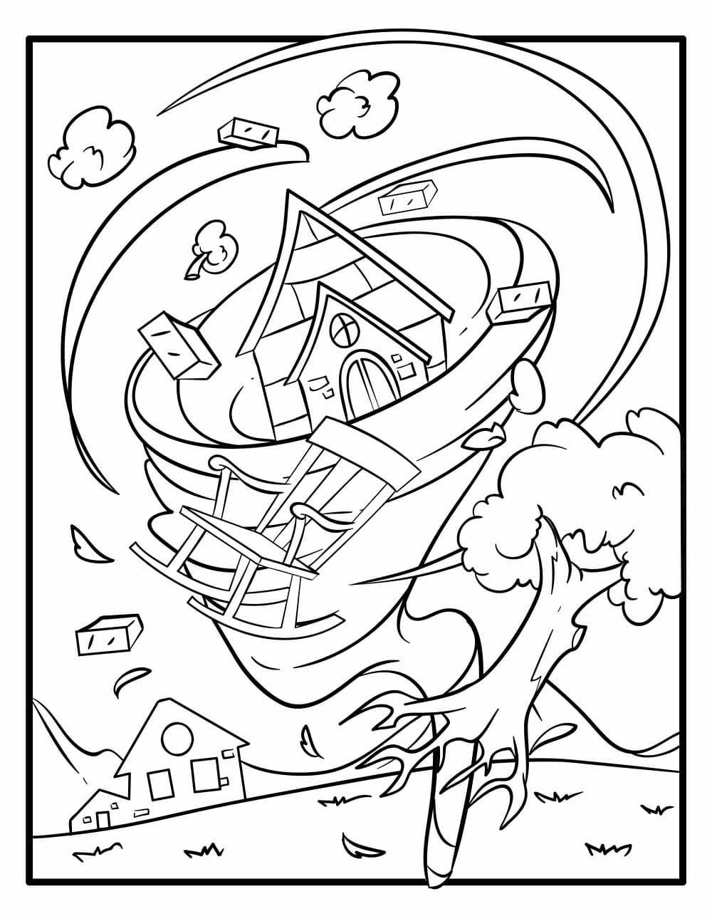 Print Tornadoes Swept the Whole House and Trees Coloring Page