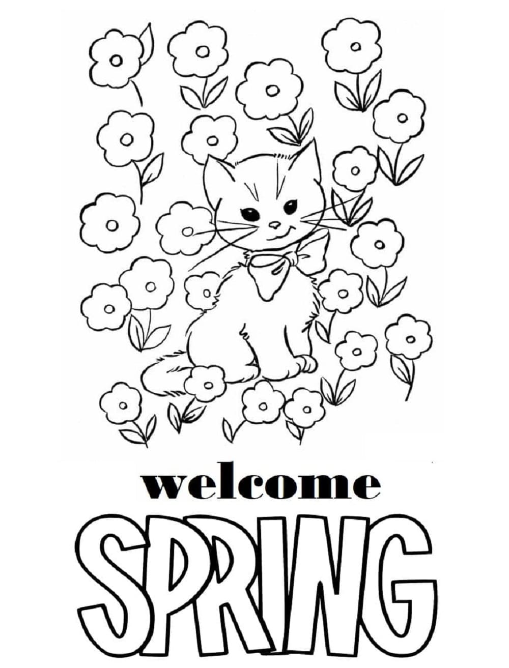 Print Welcome Spring Kitten Coloring Page