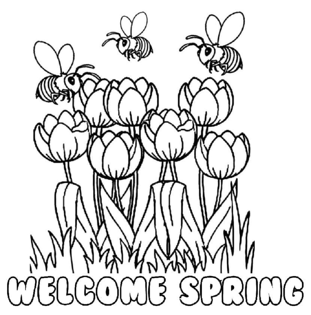 Print Welcome Spring with Bees and Flowers Coloring Page