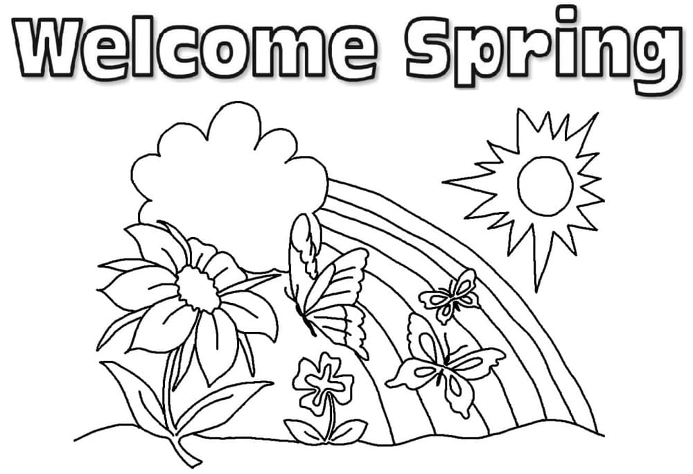 Print Welcome Spring with Rainbow Coloring Page