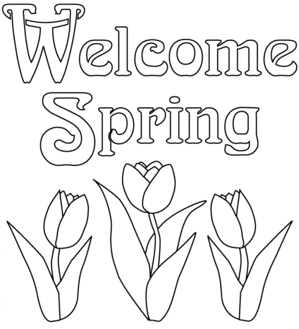 Print Welcome Spring with Tulips Coloring Page