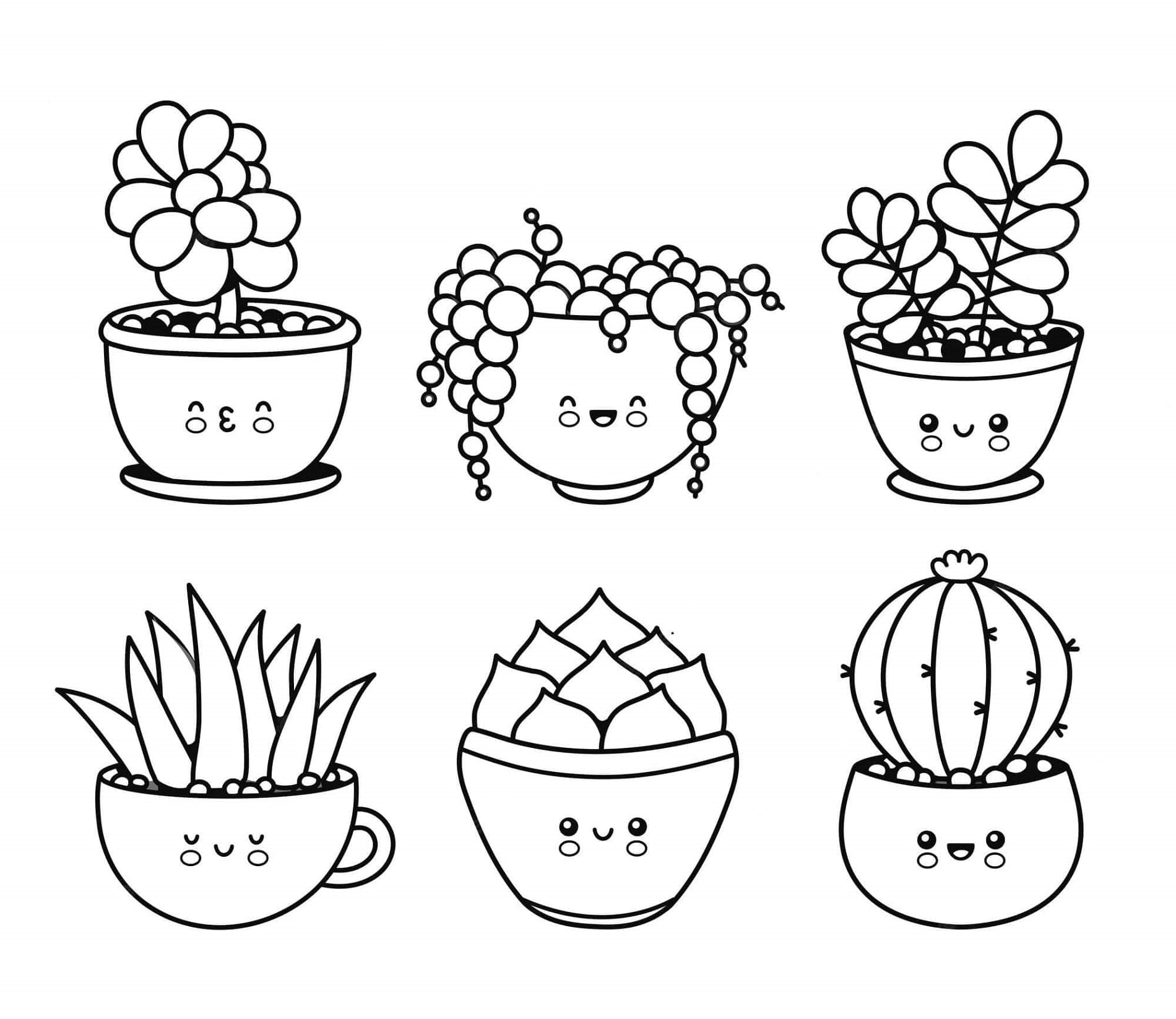 Six Kawaii Potted Cactus Printable Coloring Page