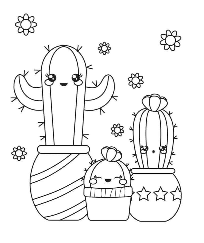 Three Cute Potted Cactus Printable Coloring Page