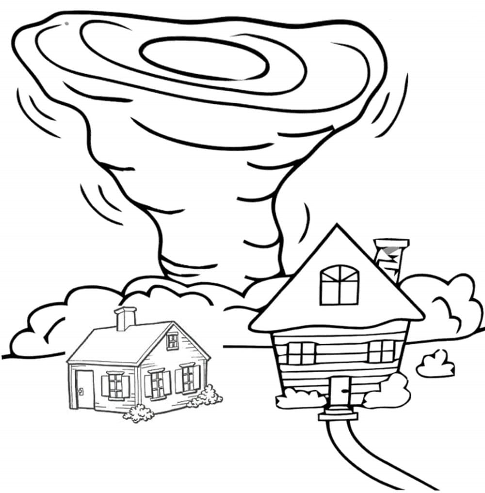 Tornado with two Houses Printable Coloring Page