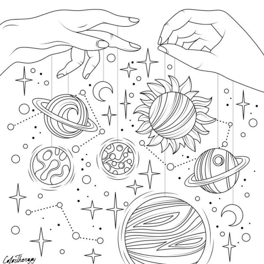 VSCO Girl Stars and Planet Printable Coloring Page