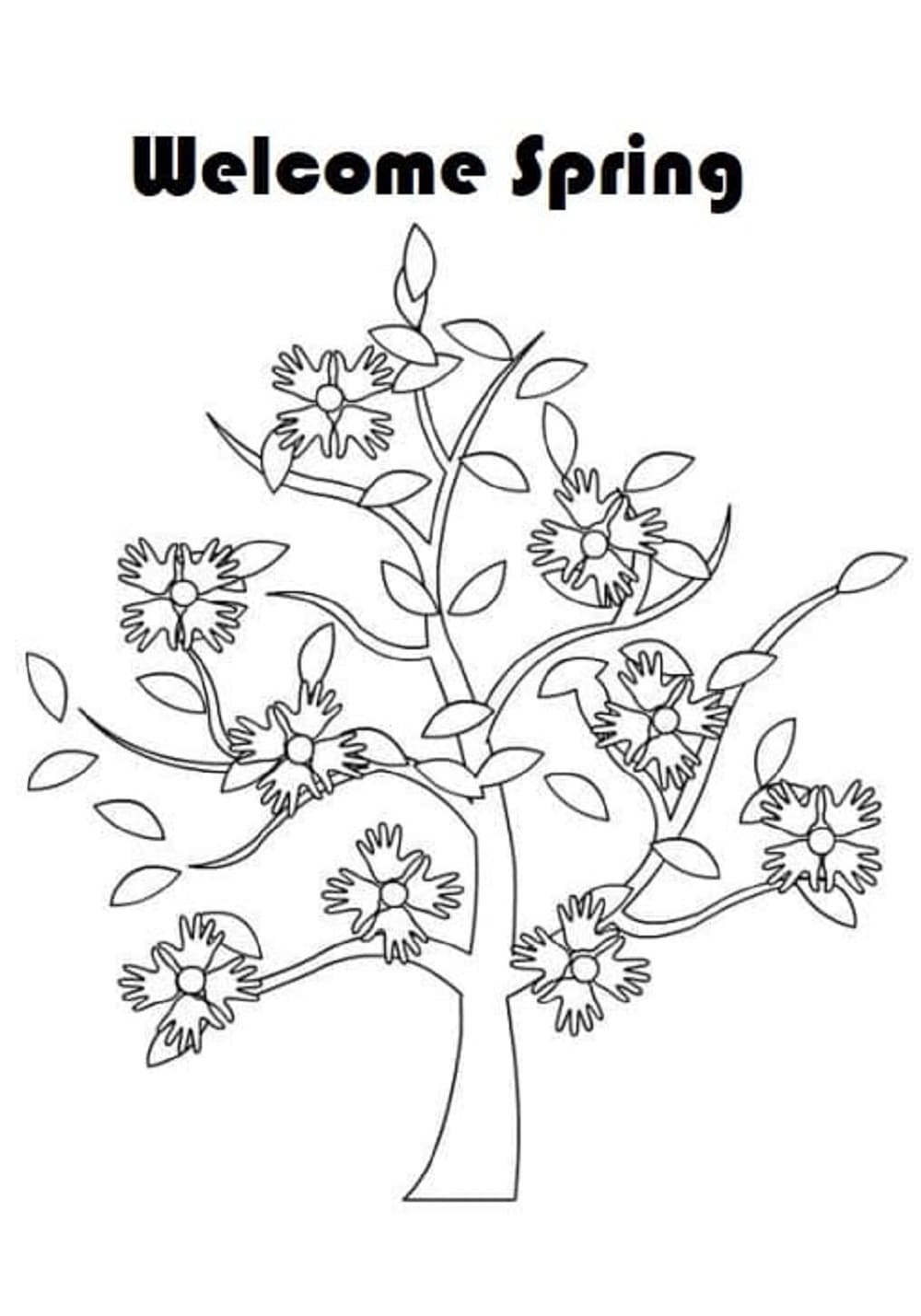 Welcome Spring Tree Printable Coloring Page