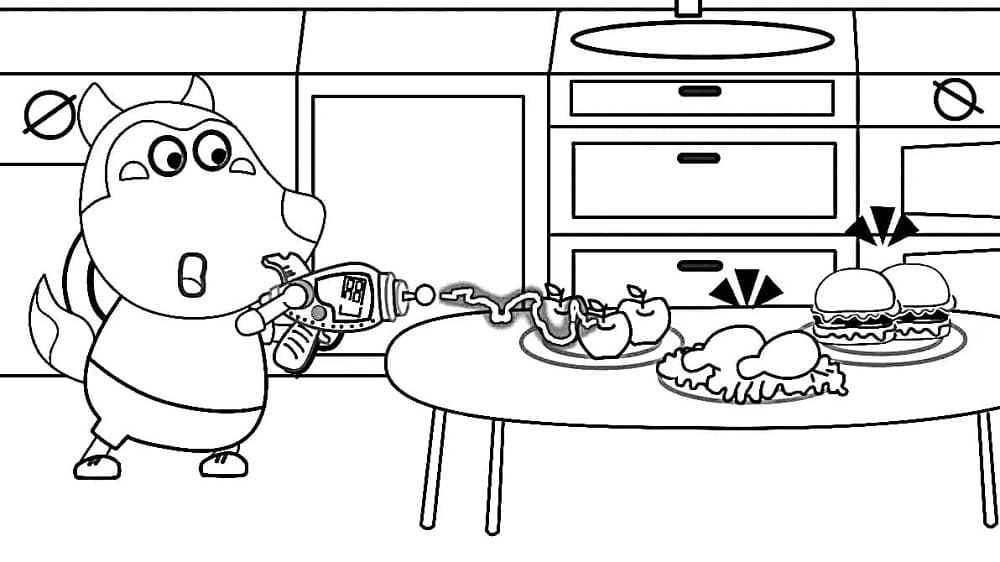 Wolfoo and Foods Printable Coloring Page