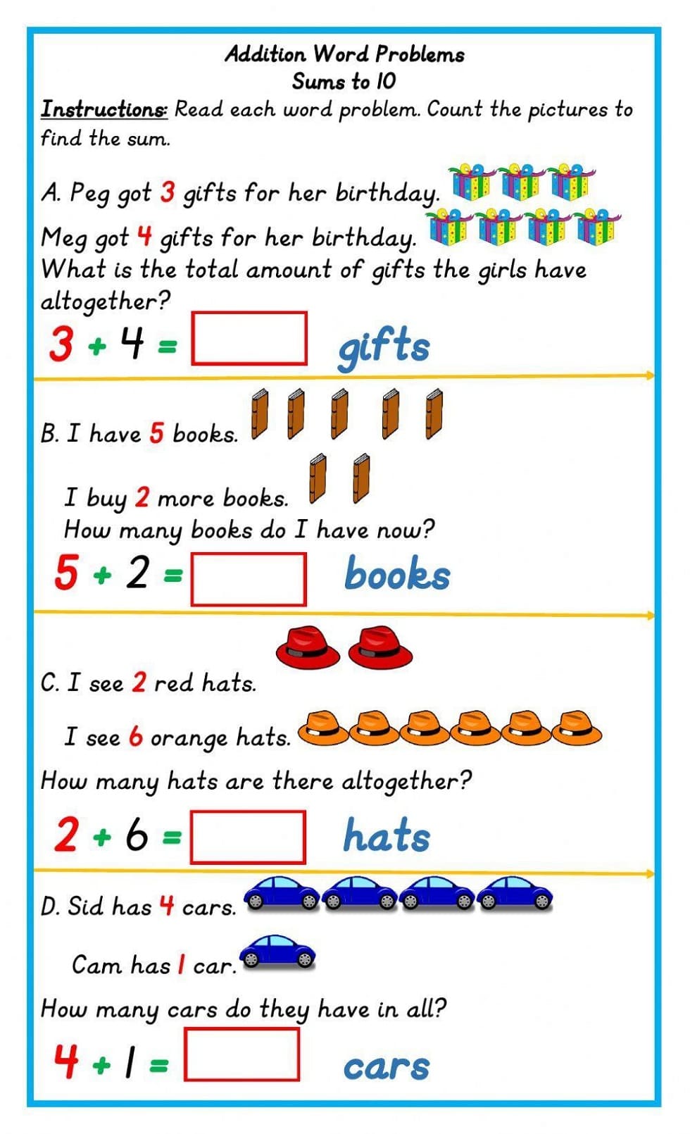 Addition Word Problems Sums to 10