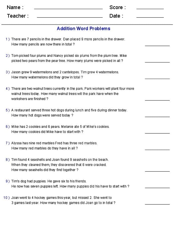 Addition Word Problems Worksheet Download Free