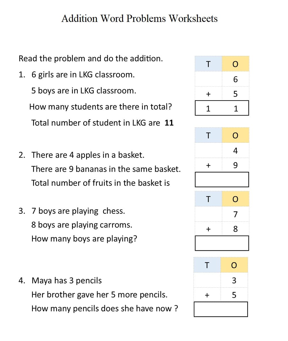 Addition Word Problems Worksheet For Kid