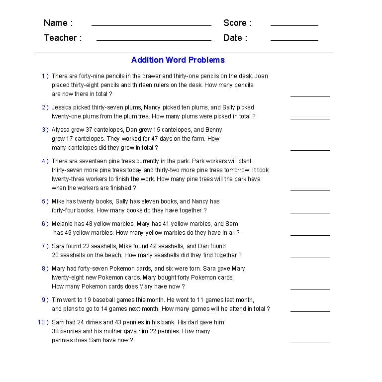 Addition Word Problems Worksheet Free Image