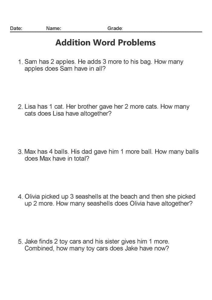 Addition Word Problems Worksheet Free