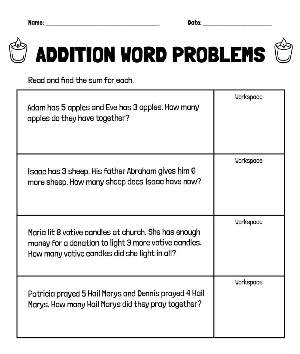 Addition Word Problems Worksheet Image