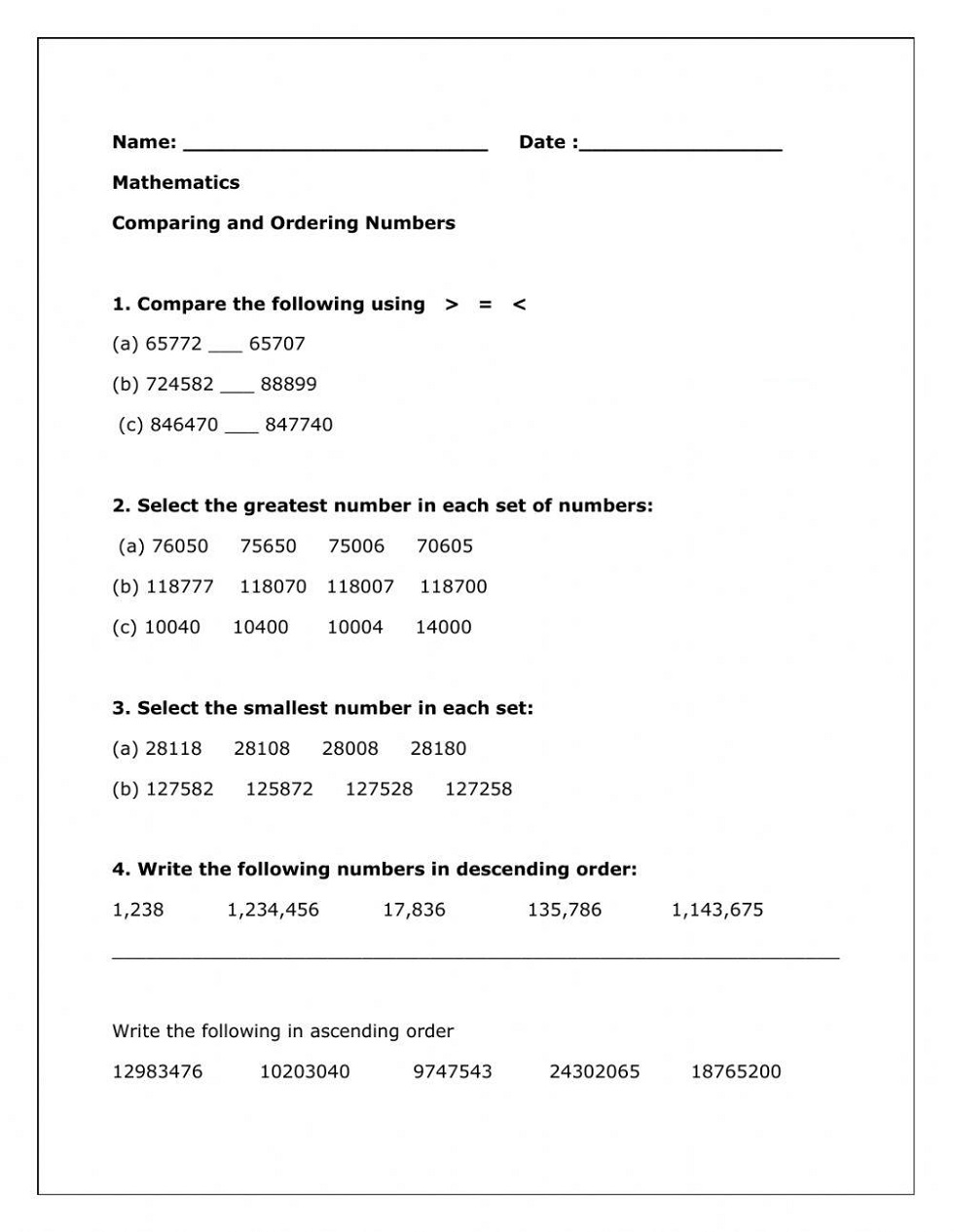 Comparing Worksheet Photo Download